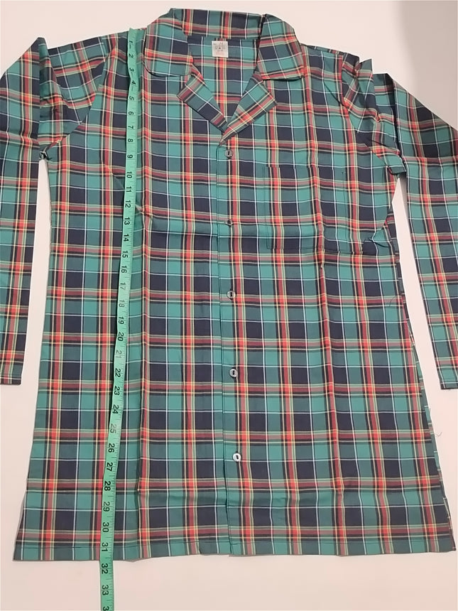 Men 100% Cotton Button Up Long Sleeve Check Tartan Nightshirt Nightwear Size S/M