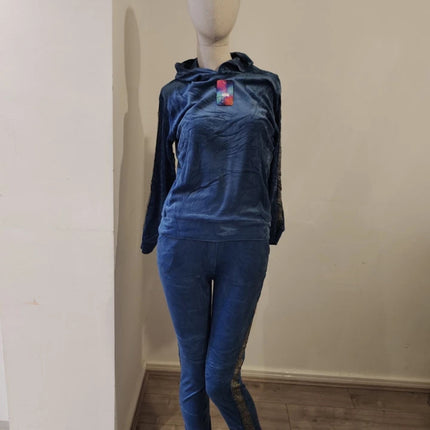 Blue velvet hoodie ladies women hooded long sleeve 2 pieces set with trim detail