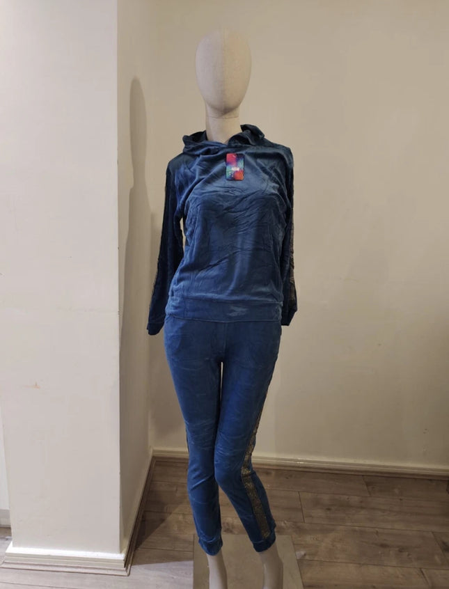 Blue velvet hoodie ladies women hooded long sleeve 2 pieces set with trim detail