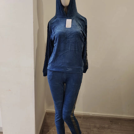 Blue velvet hoodie ladies women hooded long sleeve 2 pieces set with trim detail