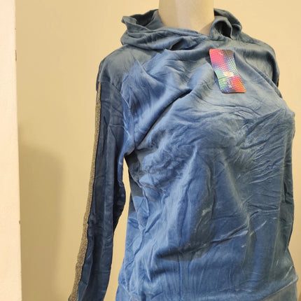 Blue velvet hoodie ladies women hooded long sleeve 2 pieces set with trim detail