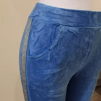 Blue velvet hoodie ladies women hooded long sleeve 2 pieces set with trim detail