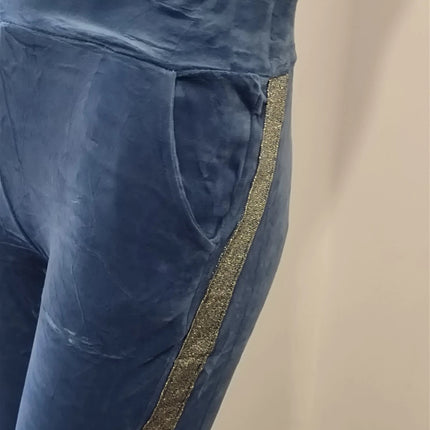 Blue velvet hoodie ladies women hooded long sleeve 2 pieces set with trim detail