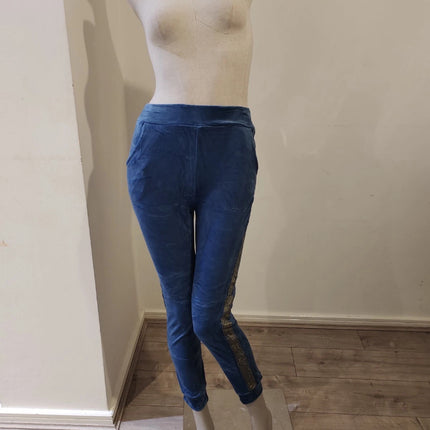 Blue velvet hoodie ladies women hooded long sleeve 2 pieces set with trim detail