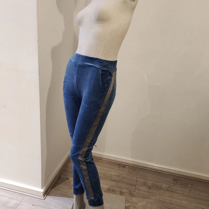 Blue velvet hoodie ladies women hooded long sleeve 2 pieces set with trim detail