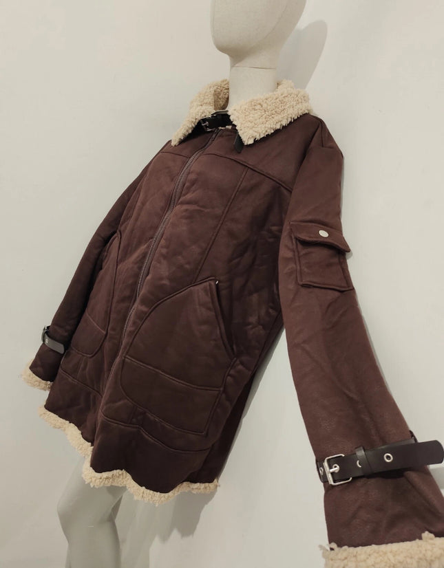 Winter men coat fleece lined brown long sleeve jacket