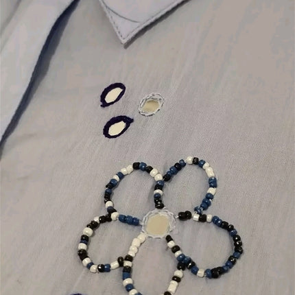 Destello bead embellishment embroidery lace trim button collar shirt mini Dress