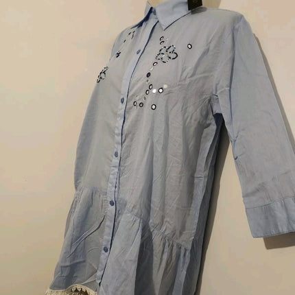 Destello bead embellishment embroidery lace trim button collar shirt mini Dress