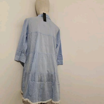 Destello bead embellishment embroidery lace trim button collar shirt mini Dress