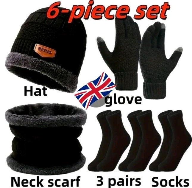 6PCS Unisex Winter Set (1 Hat 1 neck Warmer 1 Pair Of Gloves & 3 Pairs Of Socks)